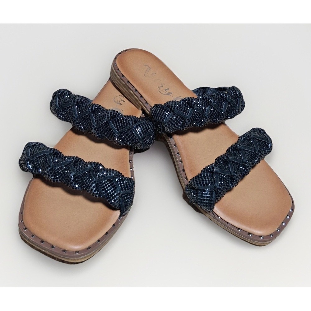 Very G Women Black Rhinestone Braided Slide Sandals Square Toe